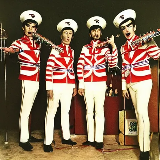 Image similar to 1 9 6 0 s photograph of a 4 piece white male psychedelic rock band in peppermint themed sailor outfits posing with instruments in a set that resembles sgt. pepper's lonely hearts club band