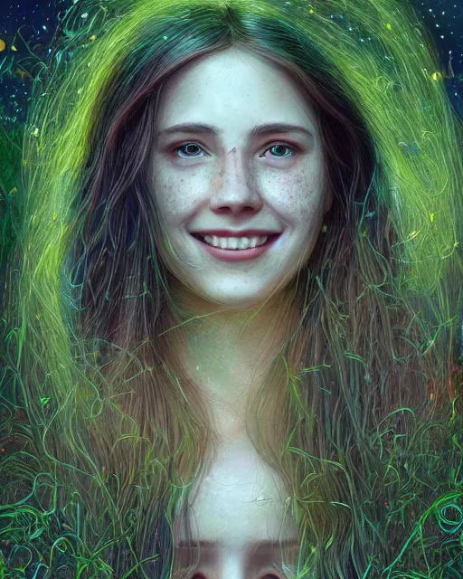 Image similar to infp girl, smiling, amazed by the lights of golden fireflies, sitting in the midst of nature fully covered, long loose red hair, intricate linework, dreamy green eyes, small nose with freckles, oval shape face, realistic, expressive emotions, dramatic lights, spiritual scene, hyper realistic ultrafine digital art by james jean and albert bierstadt and artgerm