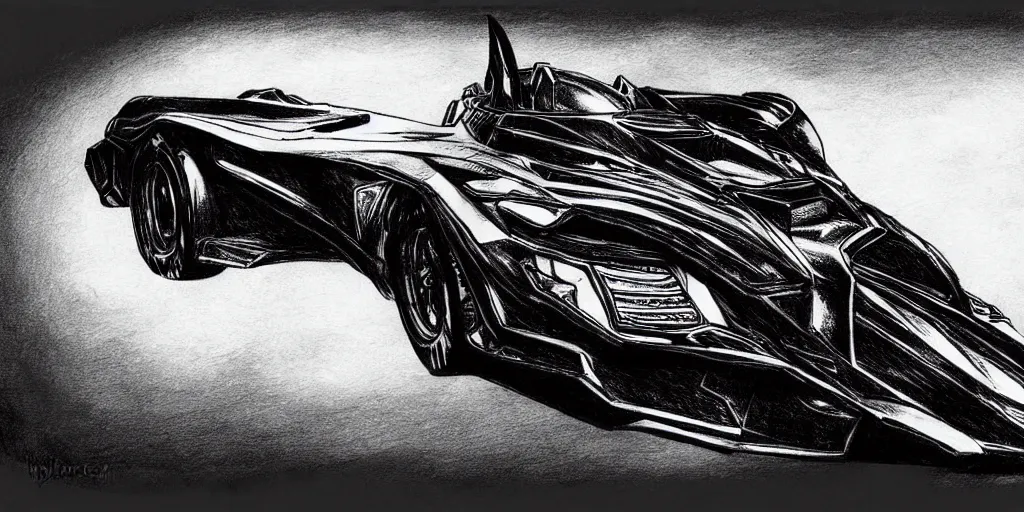 Image similar to ballpoint pen drawing of the batmobile, batman, arkham knight