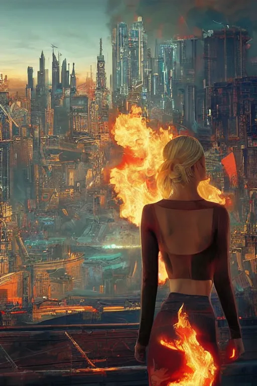 Image similar to in the foreground Saint Petersburg in cyberpunk, in the background a magnificent young blonde woman from behind playing with flames coming out of her hands wearing a long matrix-style jacket, realistic, high definition, many details, dramatic scene, symmetrical face, eyes realistic, cyberpunk, art of Alex Ross