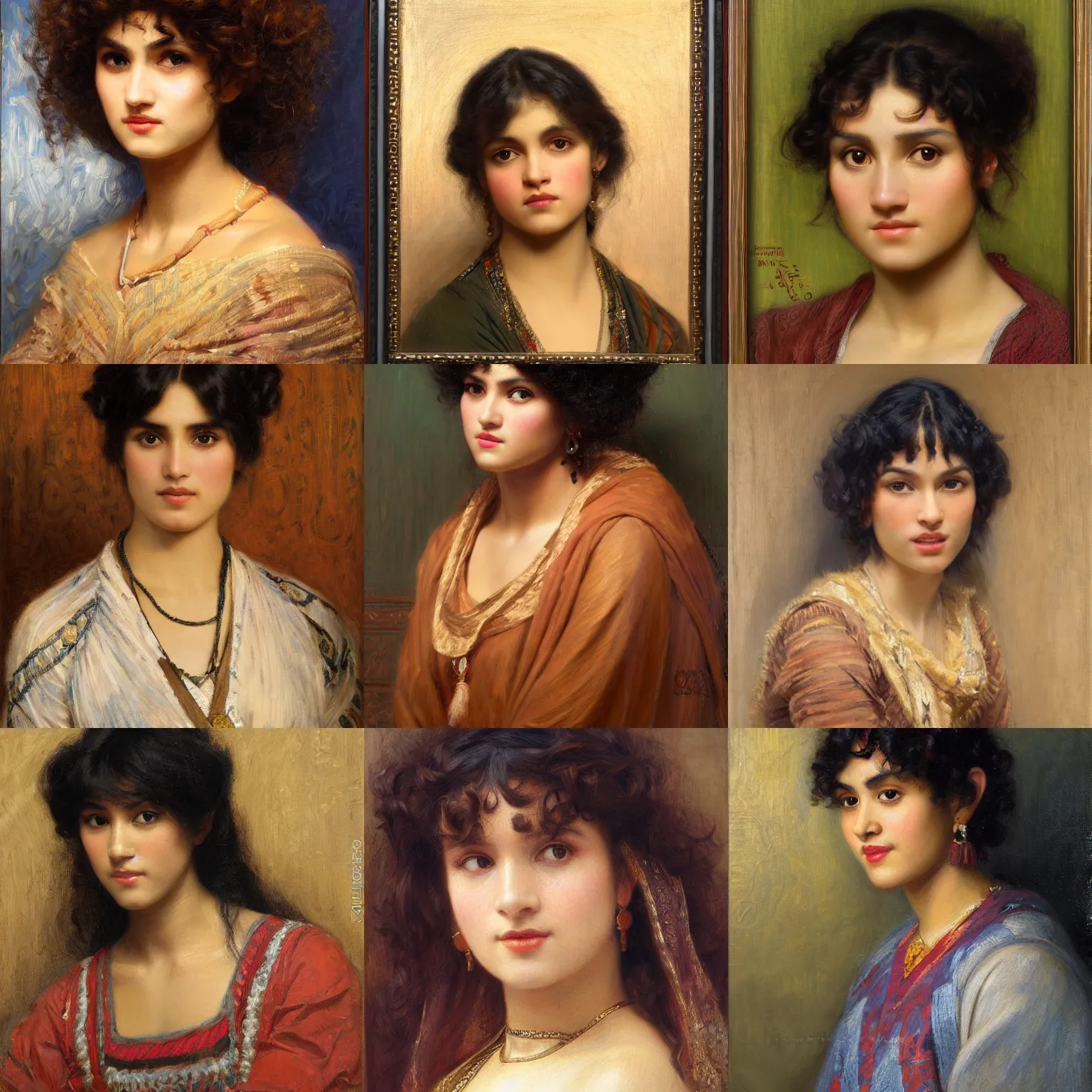 Image similar to orientalism face portrait of a cute woman with bangs and curls and brown skin by Edwin Longsden Long and Theodore Ralli and Nasreddine Dinet and Adam Styka, masterful intricate artwork. Oil on canvas, excellent lighting, high detail 8k