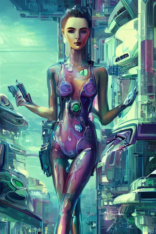 Image similar to attractive female android in feminine pose on a hyper-maximalist overdetailed retrofuturist scifi bookcover illustration from '70s. Inspired by wlop. Biopunk, solarpunk style. Daytime