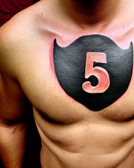 Prompt: tattoo of the number five on chest of anonymous muscular male, award - winning profile photography