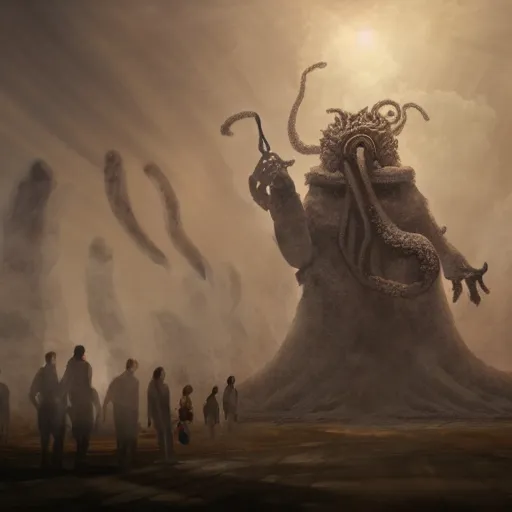 Prompt: Giant smoke monster coming out of the ground, thick swirling smoke, Nyarlathotep, Tentacles, mist, air particles, sandstorm, dramatic lighting, Byzantine ruins, surrounded by priests, worshipers, desert, cinematic, trending on artstation