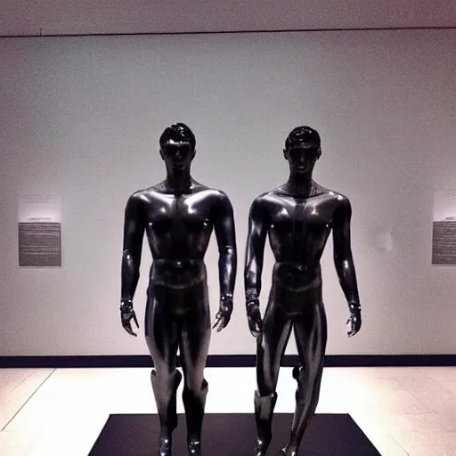 Image similar to “a realistic detailed photo of a guy who is an attractive humanoid who is half robot and half humanoid, who is a male android, British diver Jack Laugher & Chris Mears, shiny skin, posing like a statue, blank stare, at the museum, on display”