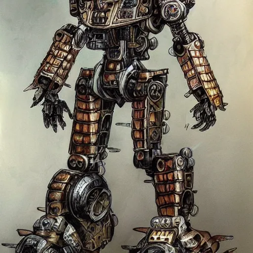 Prompt: concept art of an humanoid steampunk mecha in the shape of an armored hoplite by ayami kojima