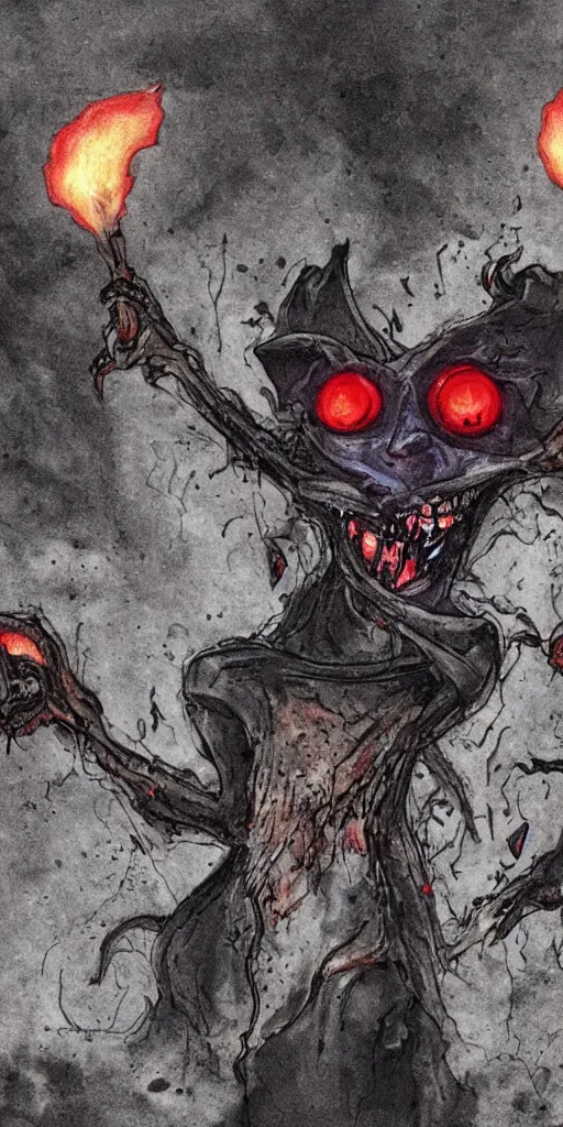 Image similar to an undead rat with rotted face and glowing red eyes wearing black tattered robes and holding two blue flames