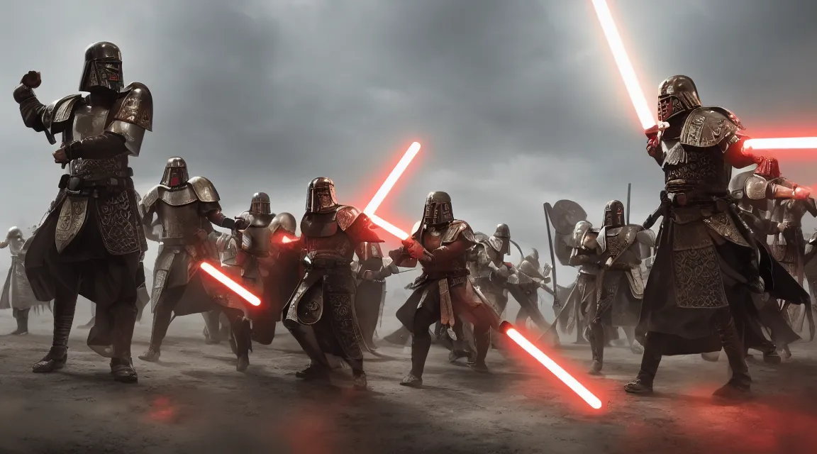 Prompt: Roman legionaries and sith wielding lightsabers and shields, background Canon, 100mm, octane render, photorealistic, detailed, cinematic, 8k no blur, volumetric lightning