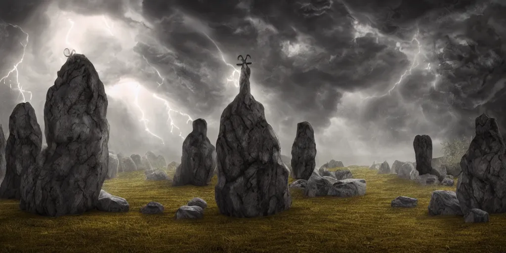 Image similar to Photorealistic strange dark monks perform a magical occult ritual, in an epic landscape with magical illuminated symbols floating above them. Magically floating rocks, with ominous storm clouds, strange levitating stones, stones falling from the sky, a gentle rising mist. occult photorealism, UHD, amazing depth, glowing, golden ratio, 3D octane cycle unreal engine 5, volumetric lighting, cinematic lighting, cgstation artstation concept art