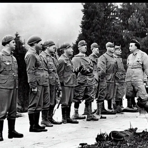 Image similar to dispicable me minions giving tactical advice to generals in world war 2, historical photograph