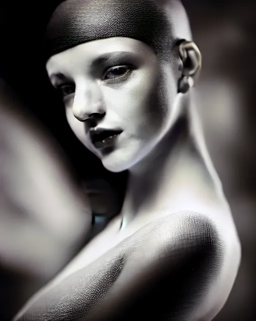 Prompt: black and white dreamy young beautiful female artificial intelligence, cinematic, rim light, bokeh, photo - realistic, elegant, high detail, 8 k, masterpiece, styled by iris van herpin, photo taken in 1 9 3 0