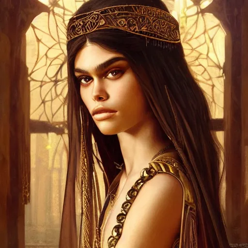 Image similar to Kaia Gerber as Cleopatra, intricate, elegant, highly detailed, digital painting, artstation, concept art, smooth, sharp focus, illustration, art by artgerm and greg rutkowski and alphonse mucha