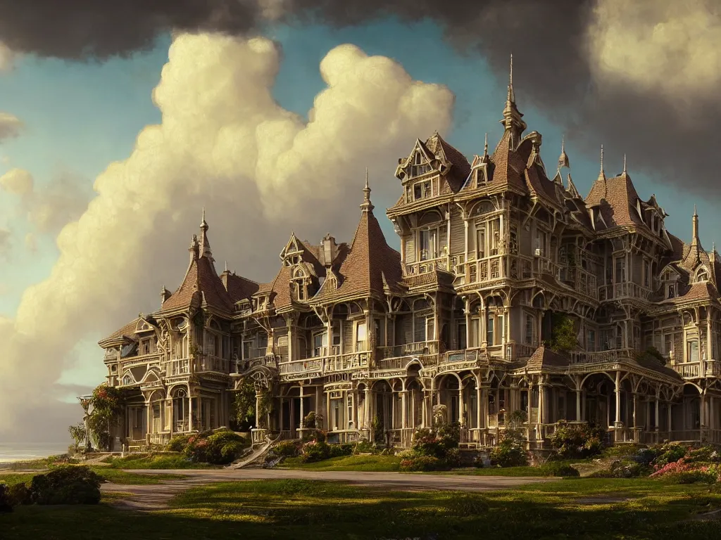 Image similar to gorgeous complex victorian mansion in a beautiful coastal landscape, sunny sky with fluffy clouds, iredescent soft glow bloom effect, dream - like, baroque portrait painting, perfect composition, beautiful detailed, intricate detailed octane render, unreal engine 5, trending on artstation, 8 k, chiaroscuro, masterpiece, raphael, caravaggio, beksinski, ghibli