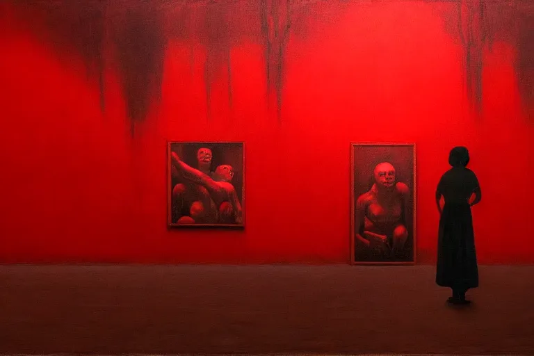 Image similar to only with red, crowd screaming, an exposed painting in a roman theater, in the style of beksinski, parts by edward hopper, parts by rodcenko, parts by yue minjun, intricate and epic composition, red by caravaggio, insanely quality, highly detailed, masterpiece, red light, artstation, 4 k