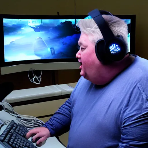 Prompt: obese David Lynch wearing a headset yelling at his monitor while playing WoW highly detailed wide angle lens 10:9 aspect ration award winning photography erasure head