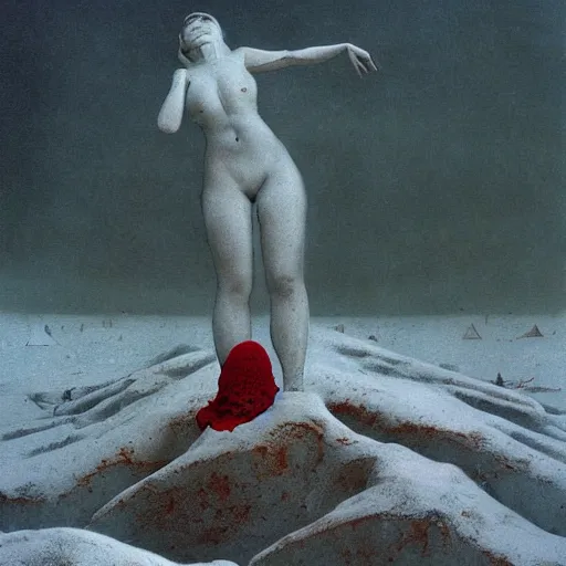 Image similar to a surrealist painting of a lonely woman with white skin and red hair standing over pile of bodies in post apocalyptic snowy landscape, painted by beksinski