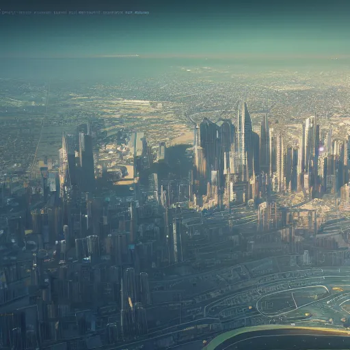 Image similar to gigantic city seen from spce with cinematic light, 8 k landscape render