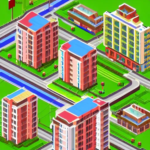 Prompt: soviet apartment buildings in SimCity2000 style. isometric. retro. render. pixelart. maxis.