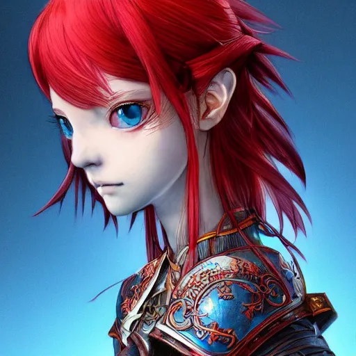 Prompt: a red haired female knight as an absurdly beautiful, elegant, young sensual anime girl, blue background, ultrafine hyperrealistic detailed face illustration by kim jung gi, irakli nadar, intricate linework, sharp focus, bright colors, matte, octopath traveler, final fantasy, unreal engine highly rendered, global illumination, radiant light, intricate environment