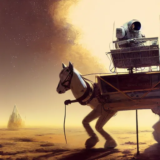 Image similar to аn anthropomorphic astronaut horse is being driven by a man on a cart, hyperrealism, no blur, 4 k resolution, ultra detailed, style of ron cobb, adolf hiremy - hirschl, syd mead, ismail inceoglu, rene margitte