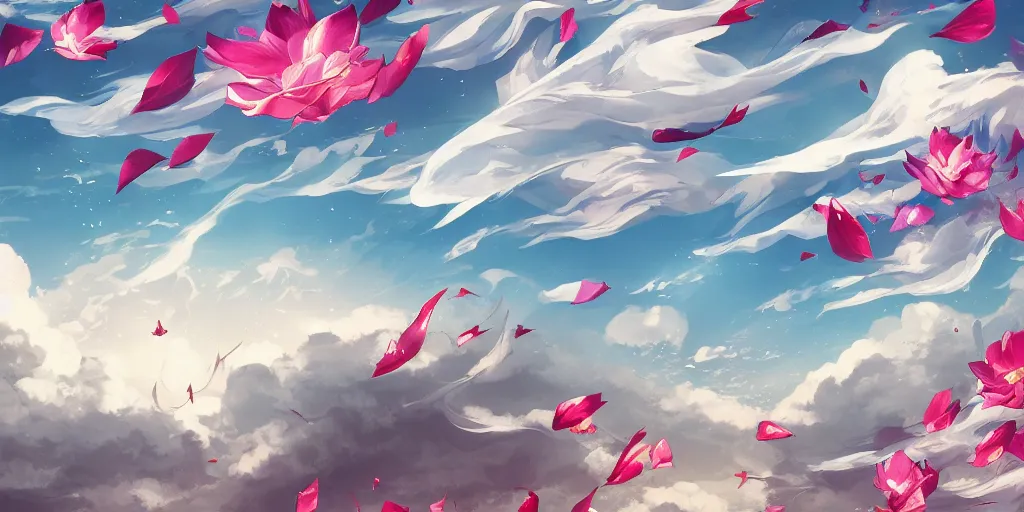 Image similar to background art of flying longswords flowing and floating through the slicing through directional wind on a simple cloudy sky background featuring an enormous tsunami, big puffy clouds, large individual rose petals, lotus petals, angular background elements, large polygonal fragments, anime, studio ghibli, artgerm, manga, trending on artstation, art nouveau, mature color scheme