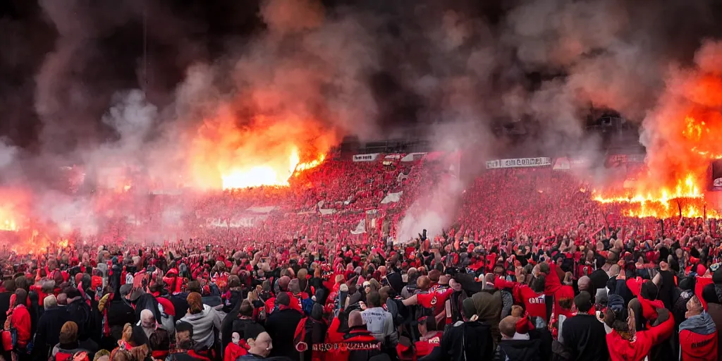 Image similar to old trafford theatre of dreams on fire during protest against the glazers, # glazersout, chaos, protest, banners, placards, burning, dark, ominous, pure evil, by stephen king, wide angle lens, 1 6 - 3 5 mm, symmetry, cinematic lighting