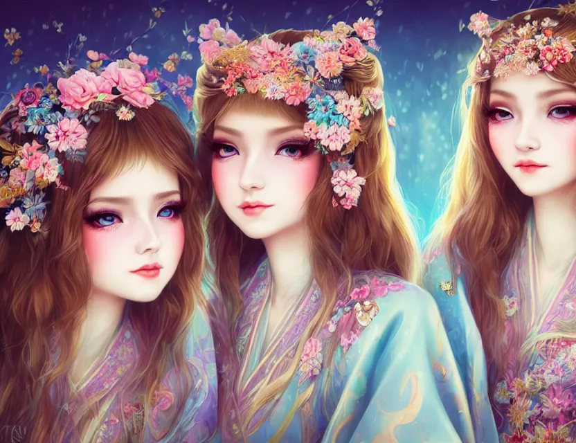 Image similar to two beautiful fashion siberian girls wear fantasy kimono in festival | | big eyes, sunny, dreamlike art, realistic shaded, smile, good looking, hyper details, 4 k realistic, cryengine, realistic shaded lighting poster by artgerm, ross tran, fuji choko, loish, 8 k resolution, trending on artstation, luxury