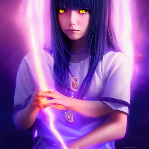 Image similar to rimuru tempest from tensura holding purple fire in her palm, with amber eyes of golden colored eyes, straight hair, sky blue hair, long bangs, concept art, award winning photography, key visual, digital painting, cinematic, wlop, 8 k, by ross tran, andy warhol, tom bagshaw