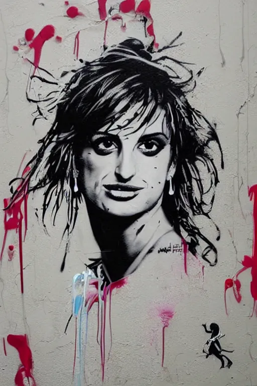 Image similar to graffiti, splash painting, portrait of penelope cruz, artwork by bansky