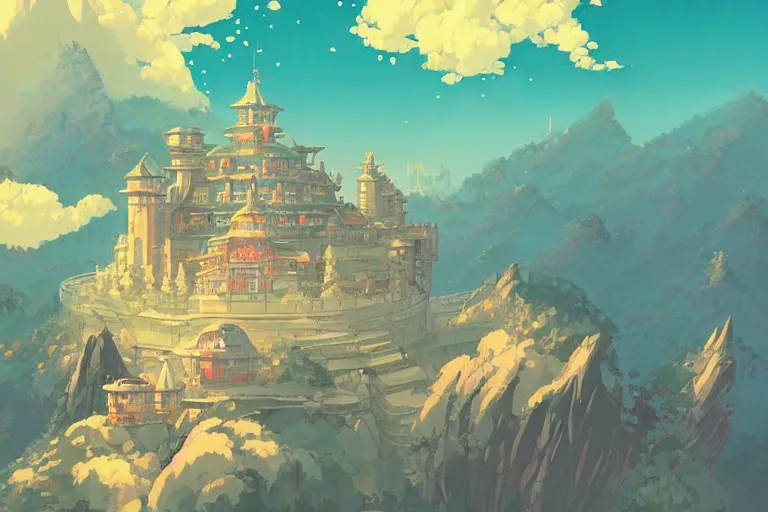 Image similar to retro - futurism anime castle on a mountain in clouds with lots of details look from above rule of thirds golden ratio, fake detail, trending pixiv fanbox, acrylic palette knife, style of makoto shinkai studio ghibli genshin impact james gilleard greg rutkowski chiho aoshima