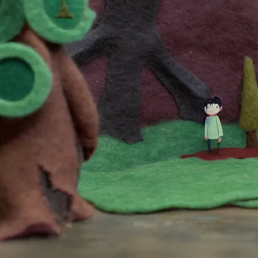 Image similar to Over the Garden Wall, greg and wirt are lost in the forest, scene made of felt and wool, claymation