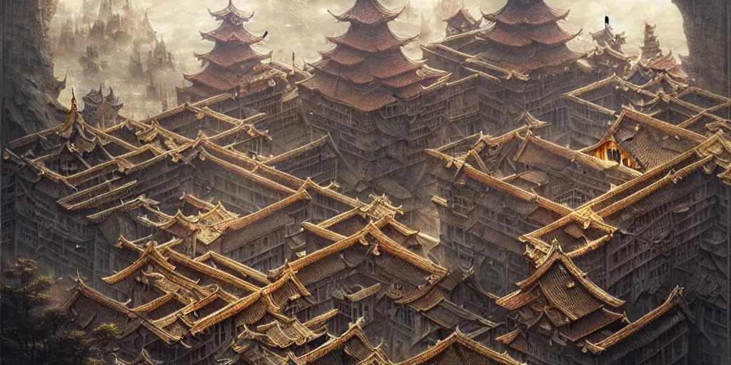 Image similar to a beautiful and insanely detailed matte painting of an advanced sprawling medieval civilization with surreal japanese architecture designed by akihiko yoshida!, whimsical!!, epic scale, intricate details, sense of awe, elite, fantasy realism, complex layered composition!!