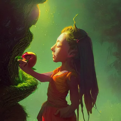 Image similar to a girl accepting an apple from a green skinned witch, by Jordan Grimmer and greg rutkowski, crisp lines and color,