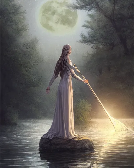 Image similar to 'lady of the lake' raising excalibur in the middle of a lake under a giant full moon, rippling reflections, trees and falling leaves, art by Raymond Swaziland and Greg Rutkowski, D&D, high fantasy, romantic, highly detailed, digital painting, trending on artstation, concept art, golden ratio, sharp focus, masterpiece