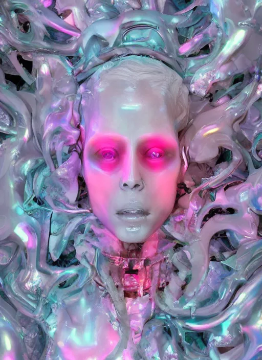 Image similar to photo of fullbodied baroque and bladerunner delicate neon diamond sculpture of seductive onyx albino marble prince kai harvatz dotado pink iridescent skull psychedelic, reclining, glowing magenta face, crown of white diamonds, cinematic lighting, photorealistic, octane render 8 k depth of field 3 d