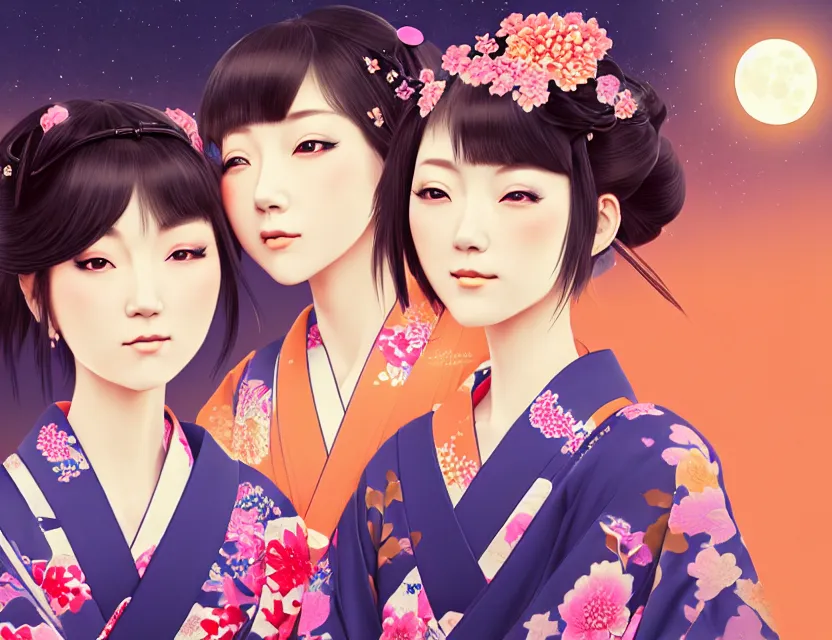 Image similar to two beautiful charming japan girls wear arty kimono in festival | | sunny night, full moon, dreamlike art, realistic shaded, smile, good looking, hyper details, 4 k realistic, cryengine, realistic shaded lighting poster by ilya kuvshinov, fuji choko, ross tran, 8 k resolution, trending on artstation, luxury