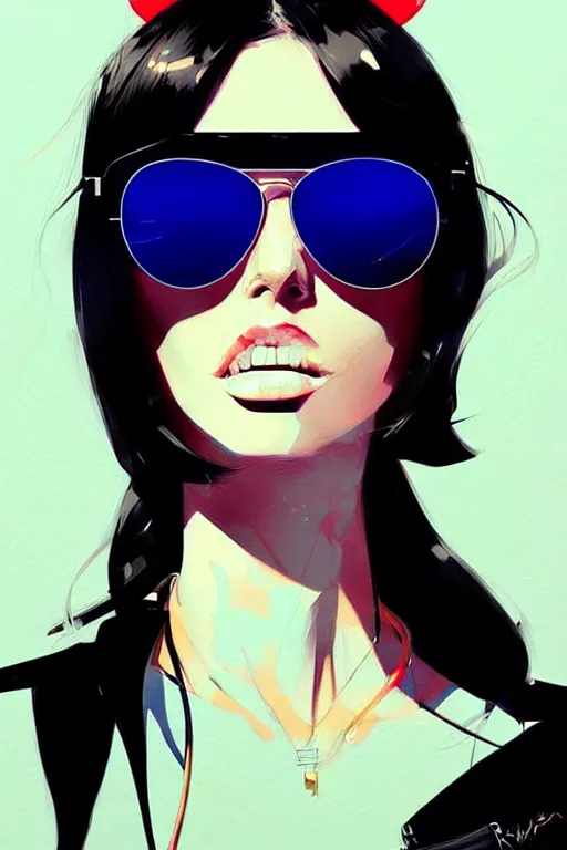 Prompt: a ultradetailed beautiful painting of a stylish woman wearing aviator sunglasses, by conrad roset, greg rutkowski and makoto shinkai trending on artstation