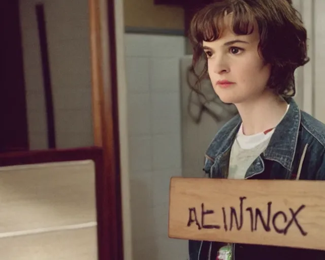 Prompt: winona ryder at age 12 playing eleven on stranger things, production still, by cameldeath