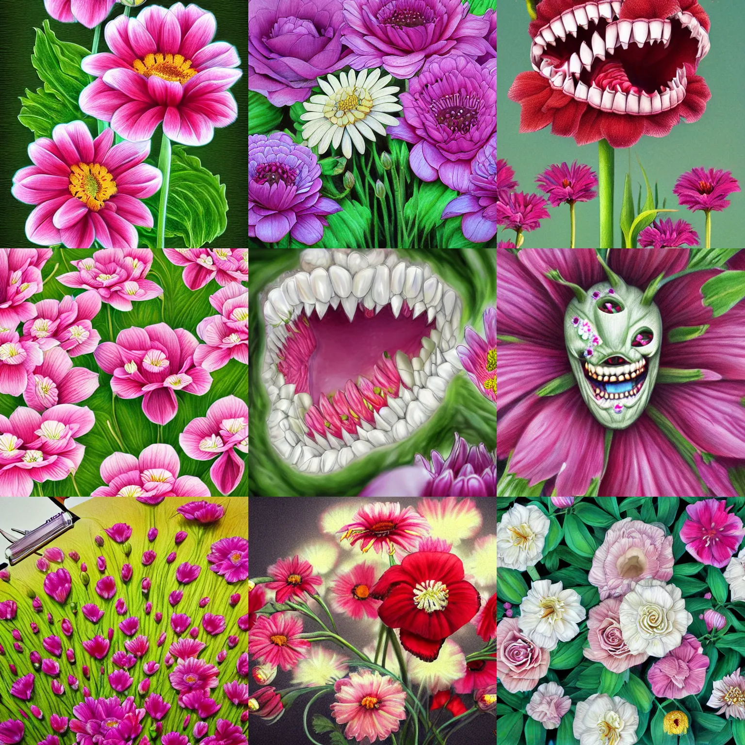 Prompt: flower with teeth, flower pedals, hyper realistic, highly detailed, illustration,