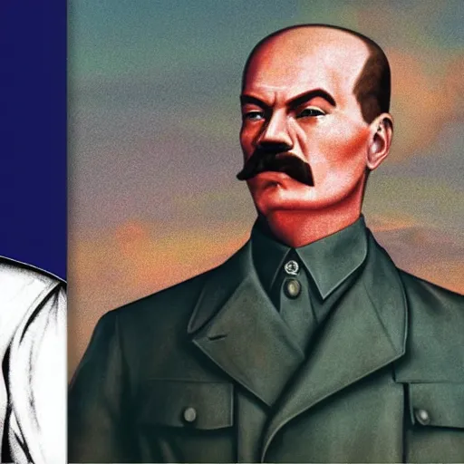 Image similar to lgbt art, tom of finland style, vladimir lenin, with stalin, in billy herrington body, art in 4 k, high quality