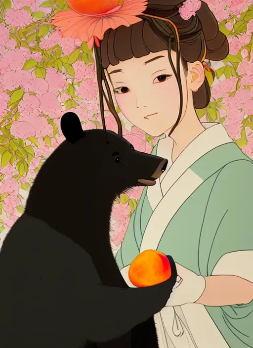 Image similar to painting of a girl wearing a kimono giving a peach to an anthropomorphic asian black bear, featured in artstation, octane render, cinematic, elegant, intricate, 8 k, close up, in the style of studio ghibli and heikala and alphonse mucha,