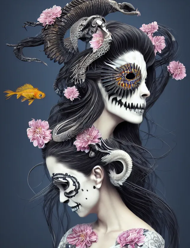 Image similar to 3 d goddess skull half - turn portrait with long hair with ram skull. beautiful intricately detailed japanese crow kitsune mask and clasical japanese kimono. betta fish, jellyfish phoenix, bio luminescent, plasma, ice, water, wind, creature, artwork by tooth wu and wlop and beeple and greg rutkowski