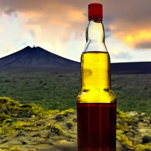 Prompt: symmetrical photo of small bottle standing, volcano background