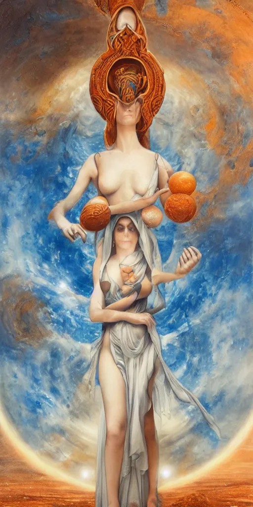 Image similar to full body portrait of beautiful goddess of mars theme inspired wearing blue and white carved details moving dress, she is floating in the air, planet mars in the background, open sky, highly detailed, mystical, little orange fog, circle forms, iper realistic, paint on canvas, art by tom bagshaw and karol bak