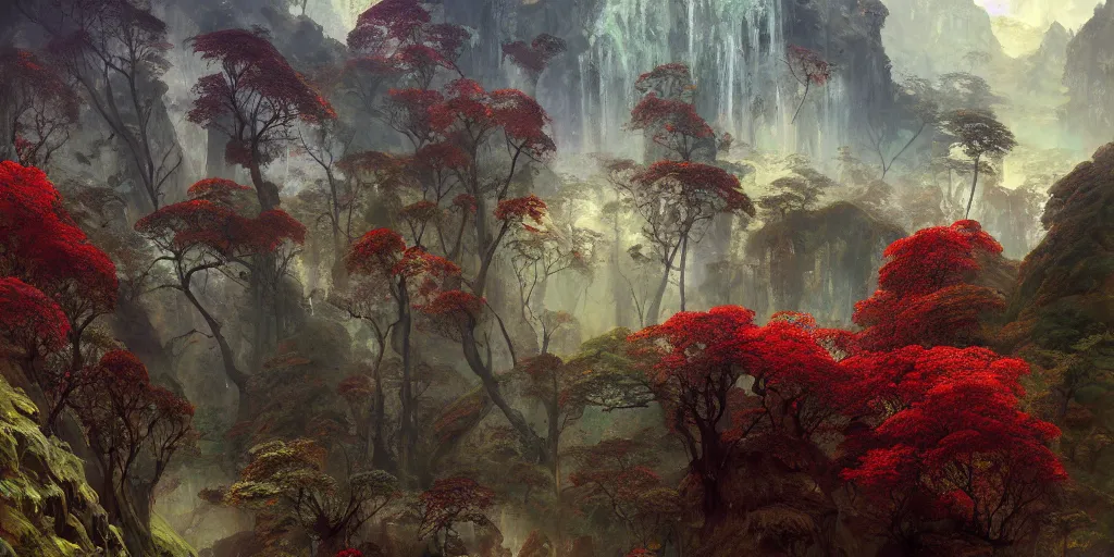 Prompt: beautiful landscape metal forests trees made of metal mountains rivers red and green leaves many layers waterfalls villages castles, buildings artstation illustration sharp focus sunlit vista painted by ruan jia raymond swanland lawrence alma tadema zdzislaw beksinski norman rockwell tom lovell alex malveda greg staples