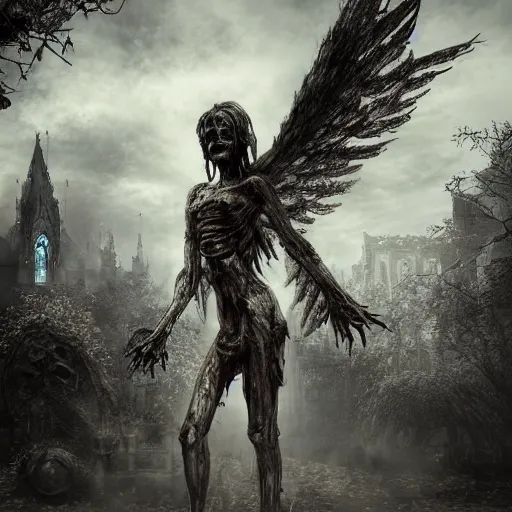 Prompt: a rotting zombie angel in front of a nation of worshippers, exterior cathedral, ultrafine colored illustration, hyperrealistic, cinematic atmosphere, intricate linework, sharp focus, octopath traveler, final fantasy, unreal engine highly rendered, global illumination, radiant light, intricate environment