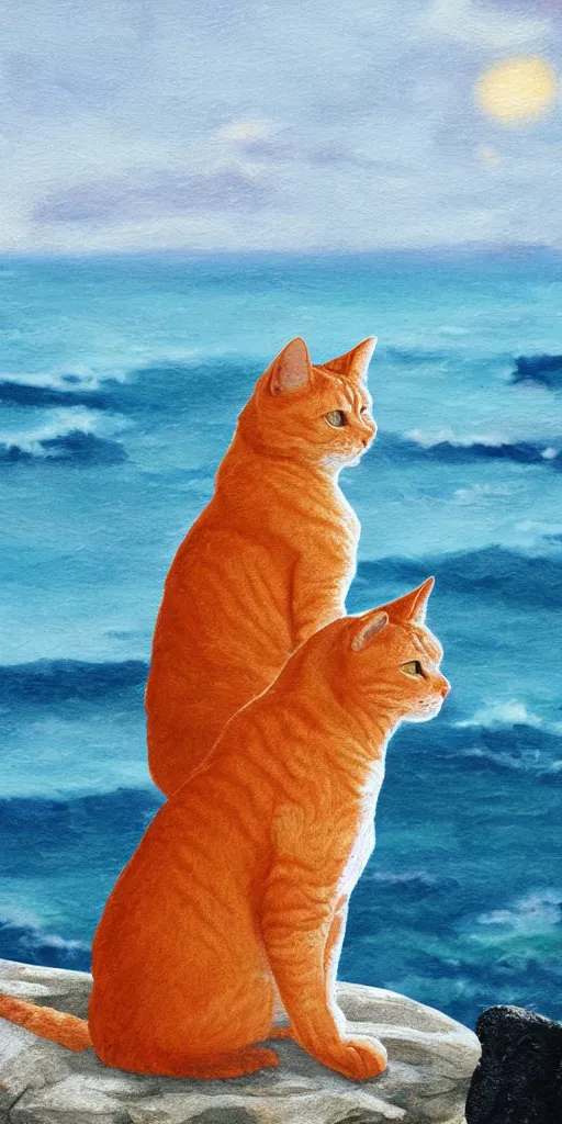 Image similar to orange tabby cat sitting on a rock looking over the ocean, tarot card