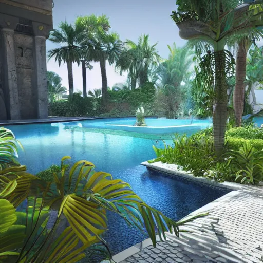 Image similar to a pool in a ancient egyptian interior full of plants and palms, 3d render,unreal engine