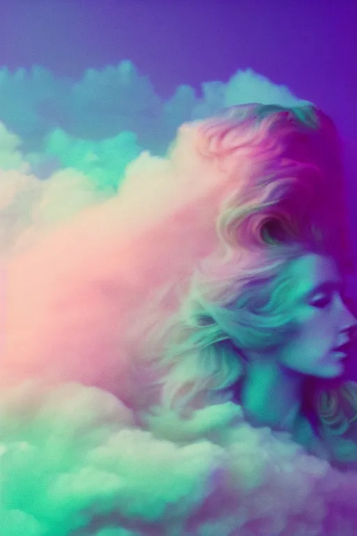 Prompt: high quality pastel coloured film photograph of a model wearing clothing resting on cloud furniture on clouds in a haze filled dreamstate world. three point light, rainbow. photographic production. art directed. pastel colours. volumetric clouds. pastel gradient overlay. waves glitch artefacts. 8 k. filmic.