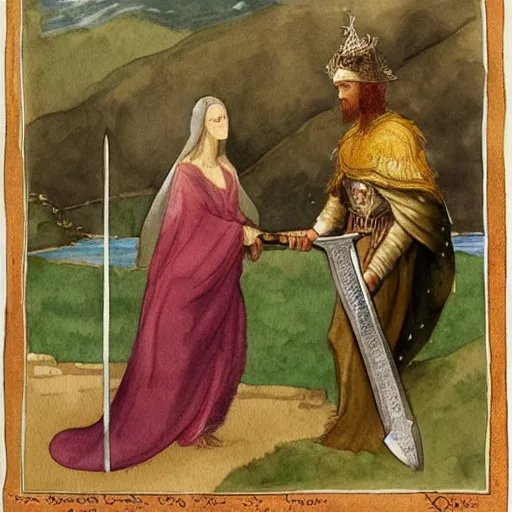 Image similar to “watercolor painting of the lady of the lake giving the sword to King Arthur, 8k”